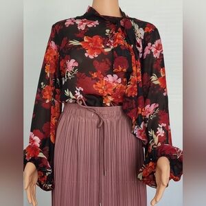 Floral Chiffon Blouse - Black, Red and Pink,  Medium, Long Sleeve.